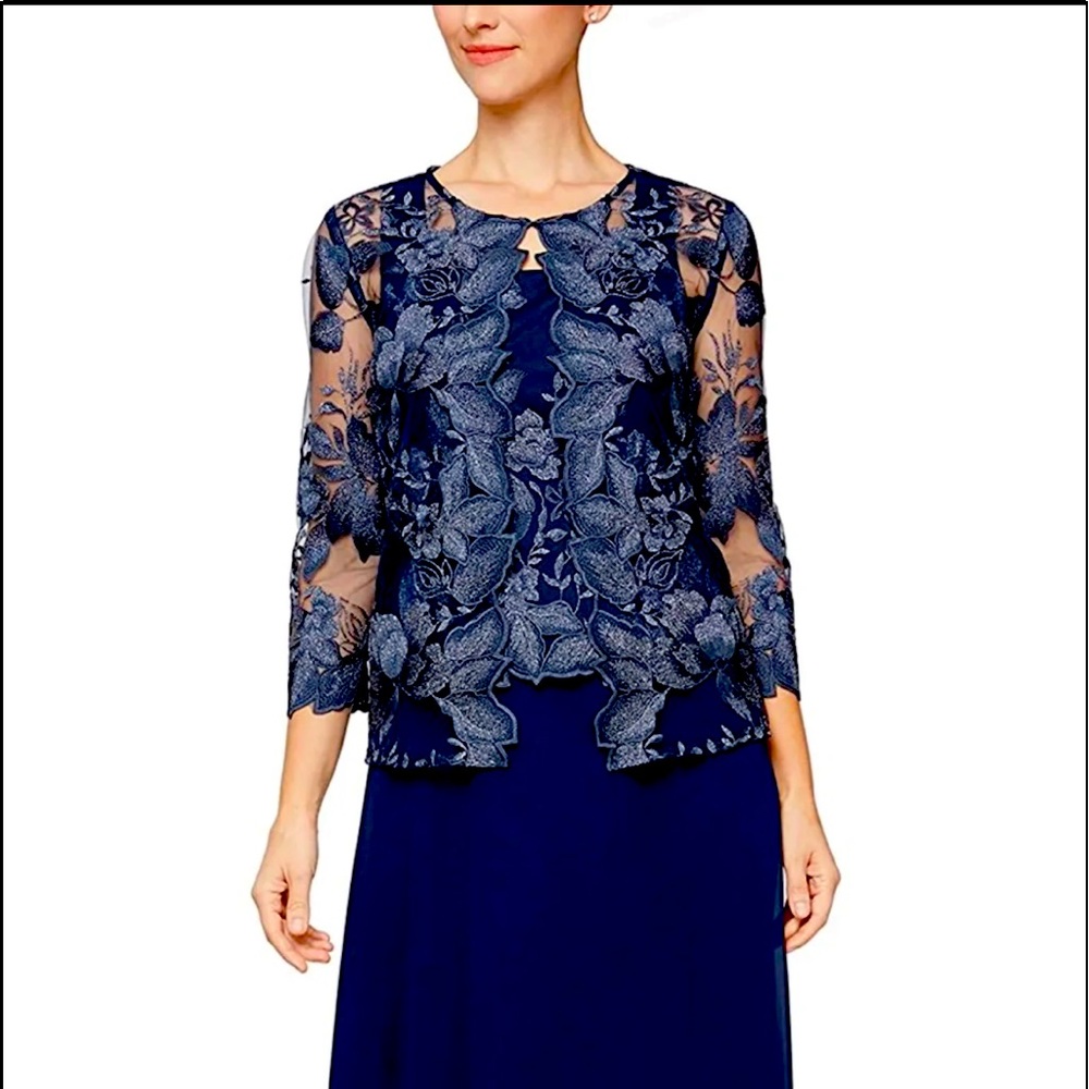 Alex Evenings Women's Two Piece Tea Length Mock Lace Jacket Dress(navy.  1x)